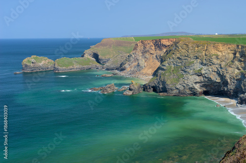 Beautiful sunny day on dramtic cliffs at Basset Cove near Portreath Cornwall England