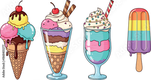 Colorful Collection of Gourmet Ice Cream Treats Featuring Cones Sundaes Milkshakes and Rainbow Popsicles for Summer Dessert and Sweet Food Background