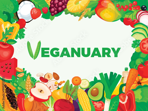 Veganuary frame with fruits and vegetables vector illustration. Veganuary annual challenge healthy food background border. Vegan food design. Template for background, banner, card