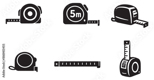 Simple icon measuring tapes set featuring retractable rulers for construction and DIY projects