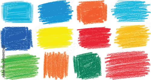 Set of colorful crayon brush strokes. Hand-drawn chalk underline and highlight elements for emphasis. Rough kid's scribble texture for design accent.