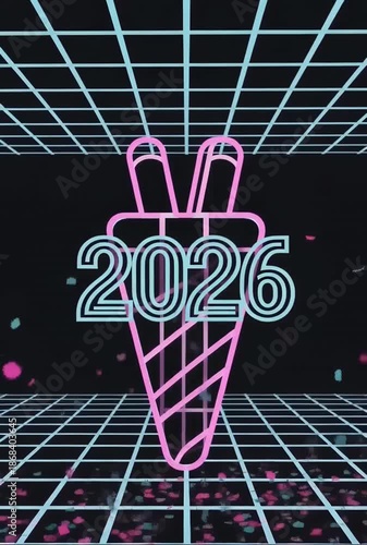Wallpaper Mural Retro 2026 New Year Celebration with Neon Ice Cream Cone Design. Torontodigital.ca