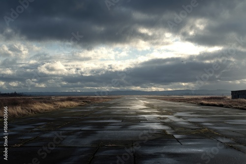 Concrete runway stretches under a stormy, cloudy sky