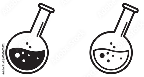 Line art laboratory flask icons set featuring round bottom flasks with bubbling liquid for scientific research and education