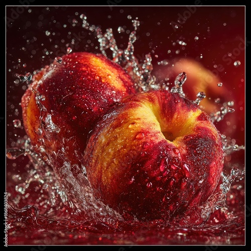 Two ripe peaches splash in water, maroon backdrop, droplets frozen