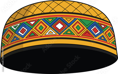 Traditional kufi cap illustration, African Islamic headwear with colorful geometric patterns, cultural vector design isolated