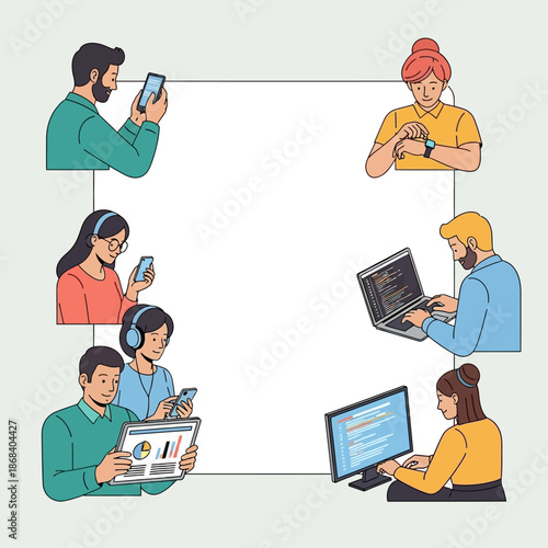 Diverse group of people using various electronic devices for work and leisure.