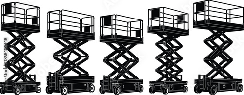 Scissor lift platform silhouettes set, aerial work platforms, industrial construction access equipment vector illustration design