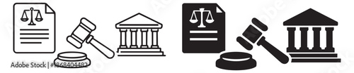 Monoline and solid style law and justice icon set featuring scales, a gavel, and a courthouse for legal concepts and court proceedings
