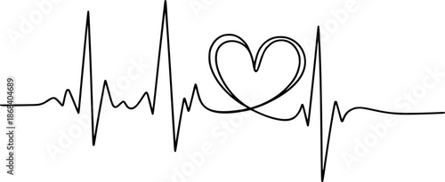 Black continuous of a heartbeat E K G waveform with a heart shape integrated into the electrocardiogram