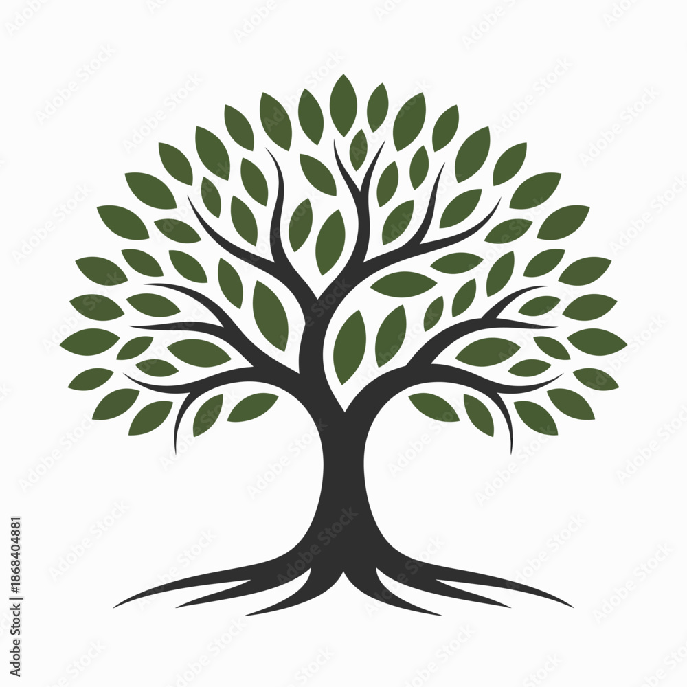Obraz premium Stylized dark gray tree with green leaves and visible roots white background nature leaf