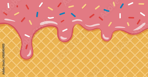 Pink frosting with sprinkles dripping over a golden waffle cone pattern cream