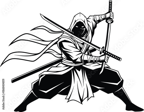 Ninja warrior illustration, masked samurai fighter wielding katana swords, dynamic martial arts combat vector design