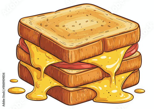 Stacked toasted bread slices with melted cheese and ham filling dripping down sandwich
