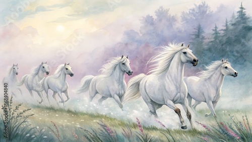 Majestic white horses galloping freely through a misty ethereal landscape
