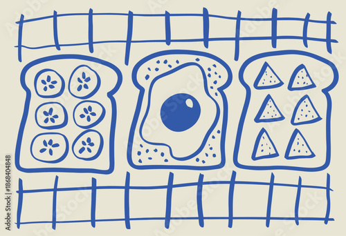 Slices of toast with different toppings including banana slices fried egg and cheese triangles a beige background with blue grid lines