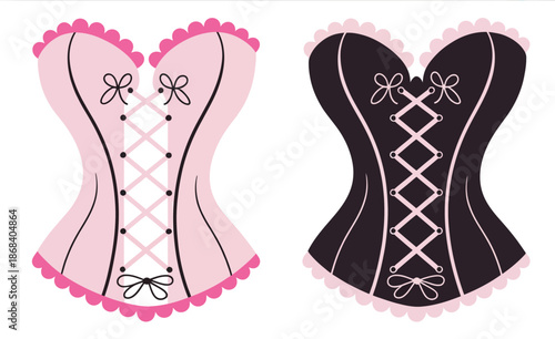 Stylized corsets pink dark purple with lace up front and bows lingerie fashion