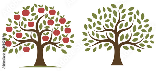 Stylized trees with red apples and green leaves the other with only green leaves fruit nature