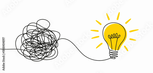 Tangled black transforming into a bright yellow light bulb with radiating lines idea lightbulb