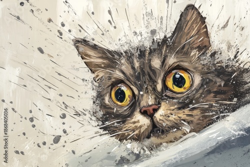 Expressive cat art with wide-eyed tabby in paint splatter style