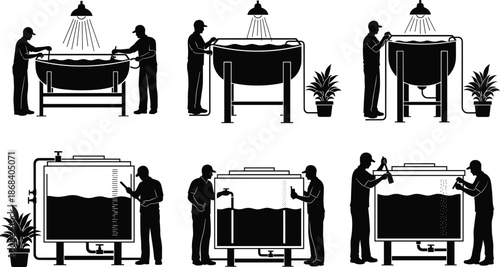 Industrial water treatment process silhouettes, workers operating filtration tanks, wastewater purification vector illustration system design