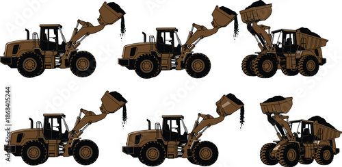 Heavy machinery wheel loader illustration, construction equipment loading dumping operations industrial earthmoving workflow process sequence