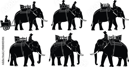 Elephant safari silhouettes set, riders on elephants, traditional transportation wildlife tourism vector illustration collection design