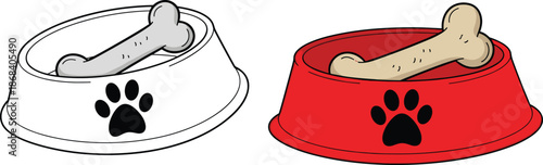 Dog food bowl illustration, pet feeding dish with bone, red and white vector design isolated