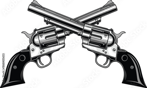 Crossed revolver pistols illustration, vintage firearms symbol, western gunfight concept, detailed black vector artwork design
