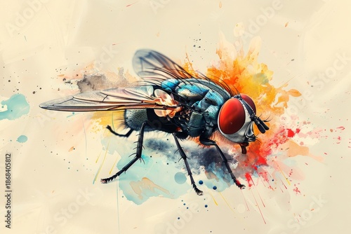 Vibrant fly with colorful splashes