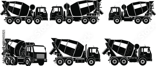 Concrete mixer truck silhouettes set, cement transportation vehicles, construction industry heavy machinery vector illustration collection