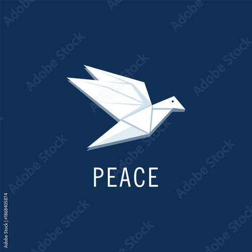 Origami dove with peace text. Peace Concept with White Origami Dove on Blue Background