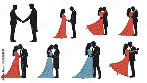 Silhouettes of diverse couples in formal attire, holding hands, embracing, and dancing, representing love and partnership.