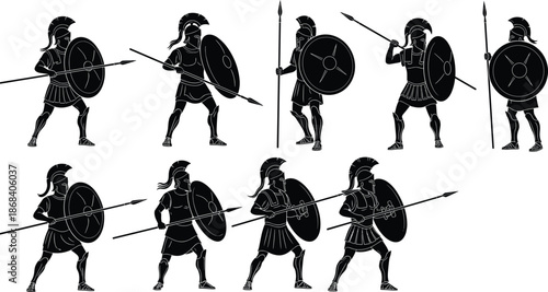 Ancient Greek Spartan warrior silhouettes, hoplite soldiers with spear shield poses, black vector illustration