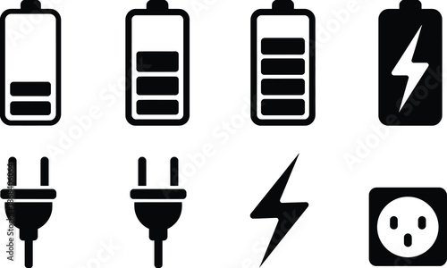 Collection of simplified black and white battery icons and electrical symbols for power charging, energy availability, device status indicators, user interface design, and professional vector 