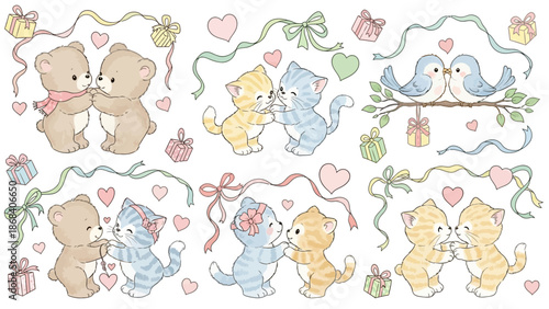 A collection of charming pastel illustrations featuring cute cartoon animals like bears, kittens, and birds in loving pairs, adorned with hearts, ribbons, and gifts.