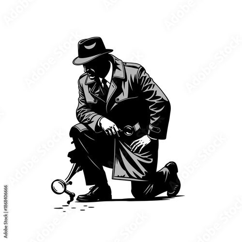 Detective Kneeling with Magnifying Glass Investigating Crime Scene.