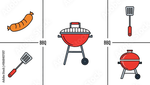 A collection of BBQ related items including a sausage, a red grill, and spatulas, set against a white background with text.