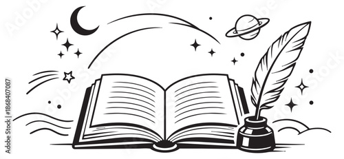Hand drawn line art illustration of an open book and quill depicting the magic of storytelling for fantasy and literature