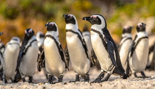 Group of Penguins Standing on Sandy Beach.