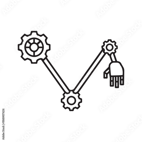 Biomechanics linear icon showing human arm with gears at joints representing physiological movement and engineering, editable stroke vector illustration
