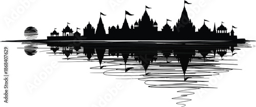 Varanasi city skyline silhouette with Hindu temples and Ganges river reflection