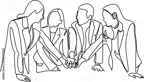 Continuous line drawing of business team joining hands together for unity and teamwork success concept
