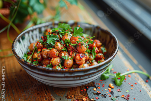 Roasted Legumes With Herbs And Spices, Grilled Chickpeas Topped With Fresh Herbs And Chili Seasoning