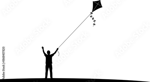 Kite Flying Silhouette – Black Vector Illustration, Person Flying Kite, Outdoor Activity, Traditional Fun, Leisure, Recreation, Sky, Clipart, Editable Vector Design.