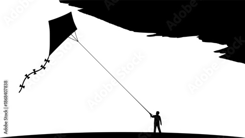 Kite Flying Silhouette – Black Vector Illustration, Person Flying Kite, Outdoor Activity, Traditional Fun, Leisure, Recreation, Sky, Clipart, Editable Vector Design.