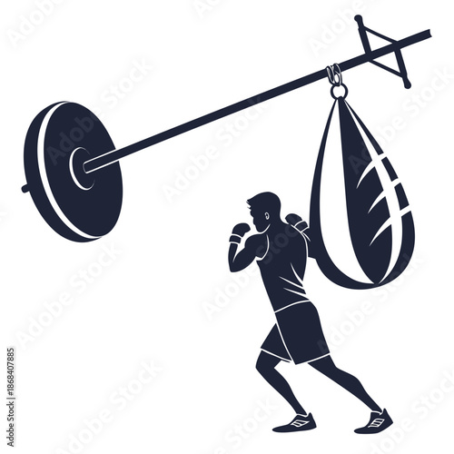 Boxer training with heavy bag and barbell