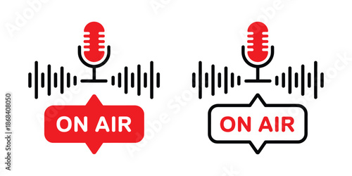 Live on air microphone and sound wave signs, vector illustration for radio broadcasting, podcast recording, audio streaming, media production, communication concept, and professional graphic design 