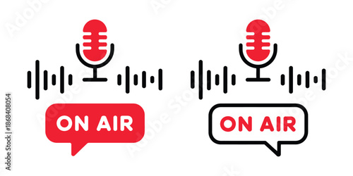 Live on air microphone and sound wave symbols, vector icon set representing radio broadcast, podcast studio, audio transmission, media communication, entertainment industry, and modern digital design 