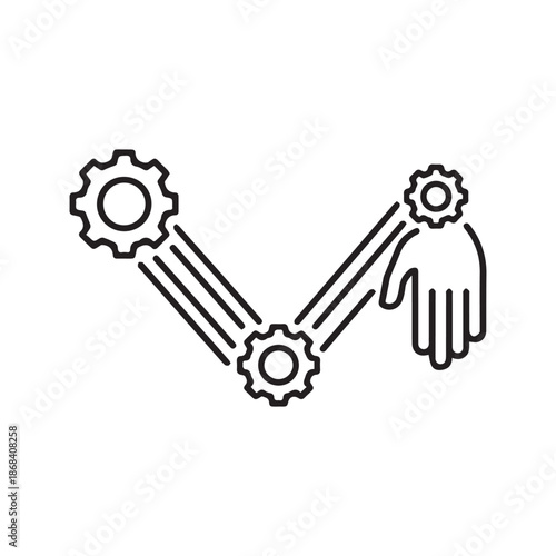 Biomechanics linear icon showing human arm with gears at joints representing physiological movement and engineering, editable stroke vector illustration
